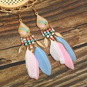 Boho Long Feather Tassel Earrings. Gold Water Drop Dangle Earrings for Women